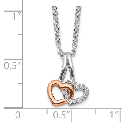 Sterling Silver White Ice Rhodium Plated & Rose-Tone Diamond Hearts Necklace