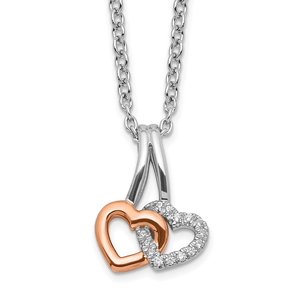 Sterling Silver White Ice Rhodium Plated & Rose-Tone Diamond Hearts Necklace