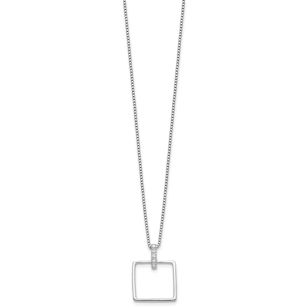 Sterling Silver Rhodium Plated White Ice .09ct. Dia. Square w/2IN Ext Necklace