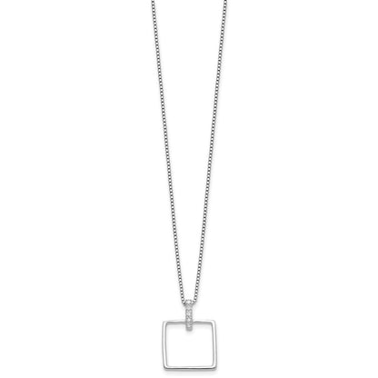 Sterling Silver Rhodium Plated White Ice .09ct. Dia. Square w/2IN Ext Necklace
