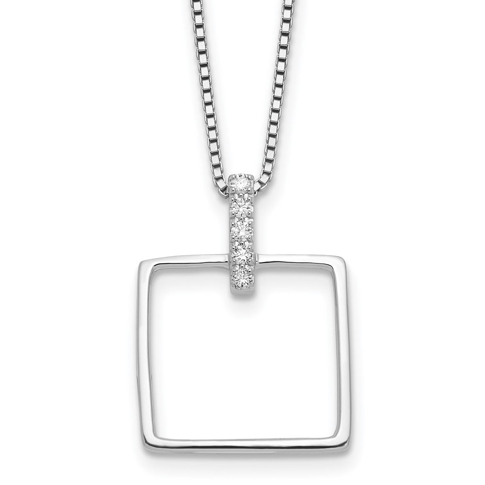 Sterling Silver Rhodium Plated White Ice .09ct. Dia. Square w/2IN Ext Necklace