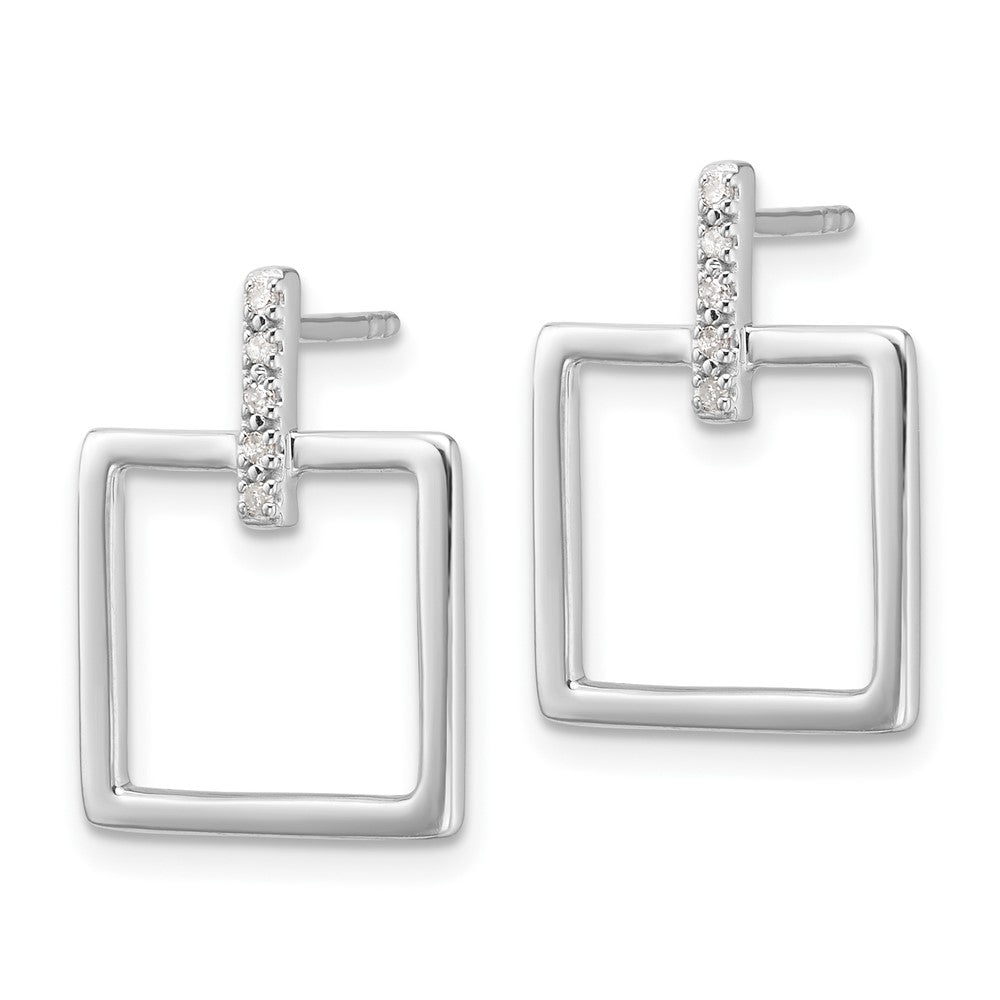 Sterling Silver Rhodium Plated White Ice .05ct. Dia. Square Post Dangle Earrings