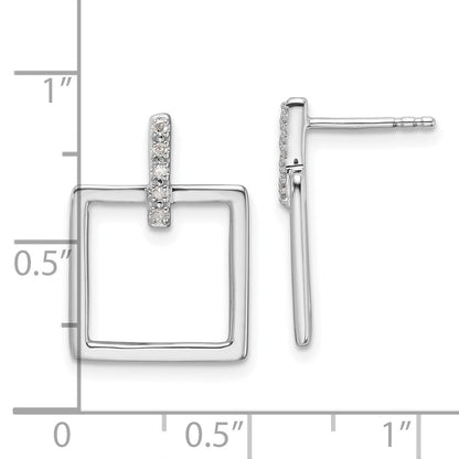 Sterling Silver Rhodium Plated White Ice .05ct. Dia. Square Post Dangle Earrings