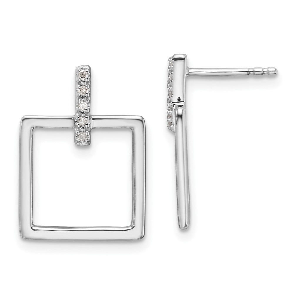 Sterling Silver Rhodium Plated White Ice .05ct. Dia. Square Post Dangle Earrings