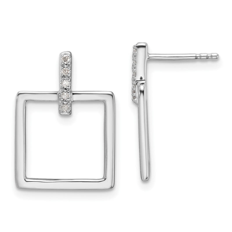 Sterling Silver Rhodium Plated White Ice .05ct. Dia. Square Post Dangle Earrings