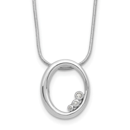 Sterling Silver Rhodium Plated White Ice .03ct Diamond Oval w/2IN Ext Necklace