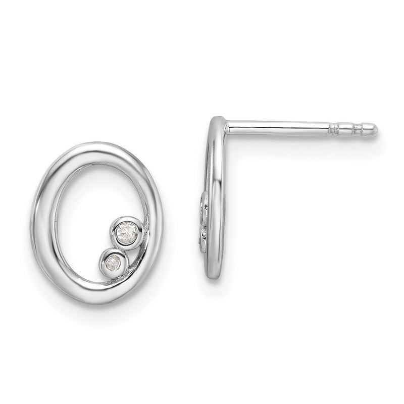 Sterling Silver Rhodium Plated White Ice .03ct. Diamond Oval Post Earrings