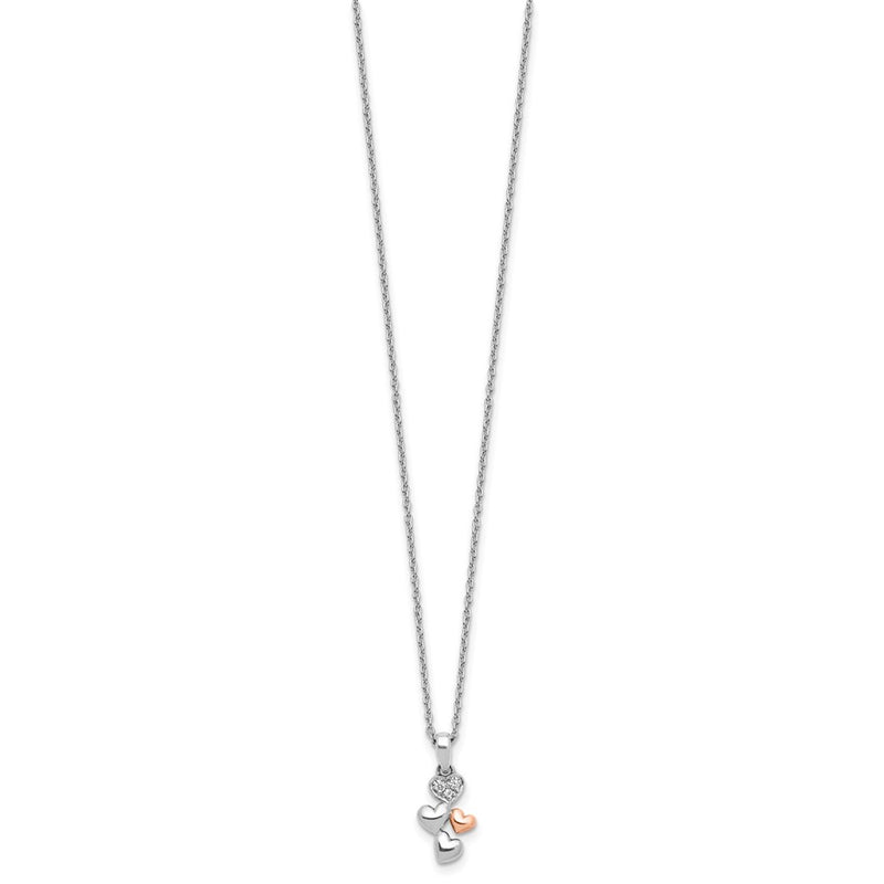 Sterling Silver Rhodium Plated White Ice Dia. Heart Rose-Tone w/2IN Ext Necklace