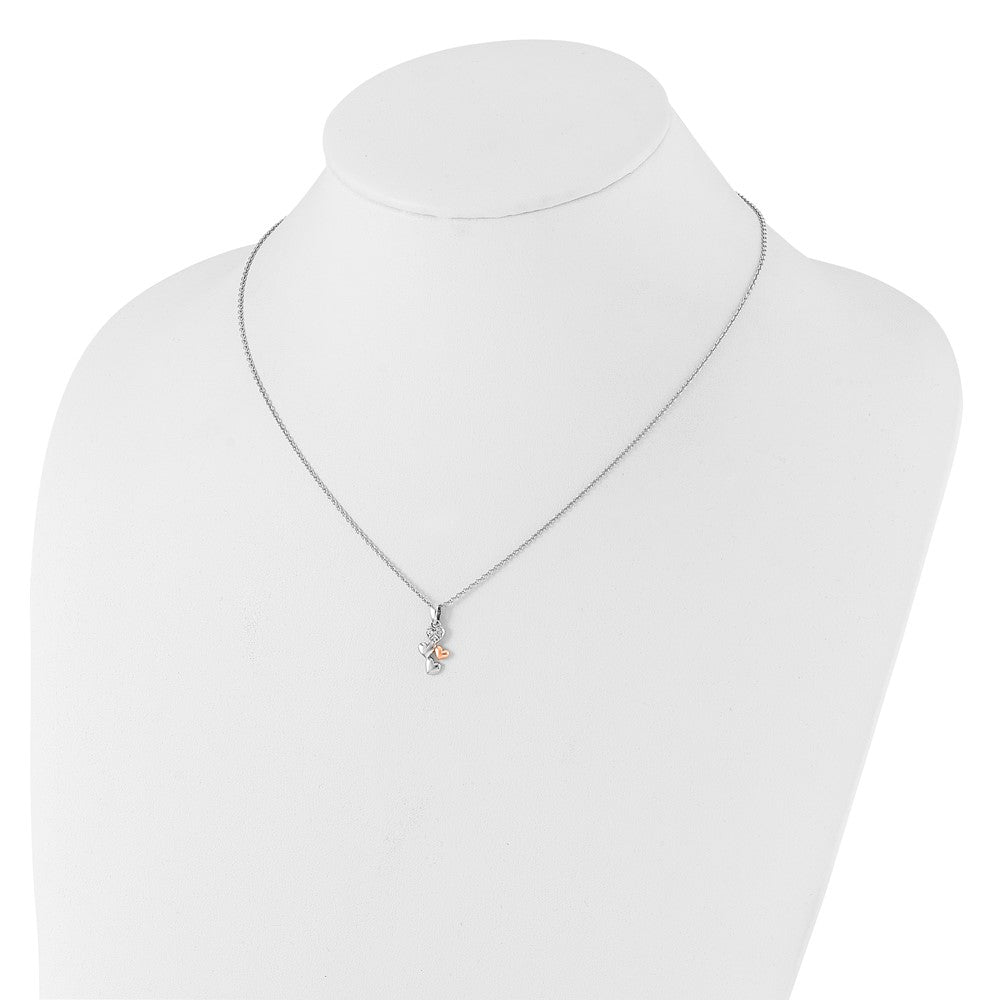 Sterling Silver Rhodium Plated White Ice Dia. Heart Rose-Tone w/2IN Ext Necklace