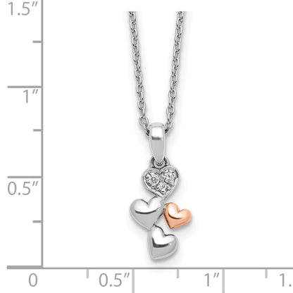 Sterling Silver Rhodium Plated White Ice Dia. Heart Rose-Tone w/2IN Ext Necklace