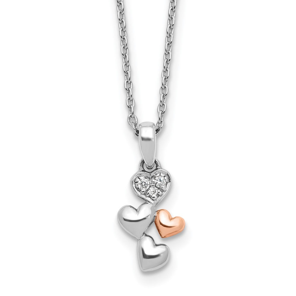 Sterling Silver Rhodium Plated White Ice Dia. Heart Rose-Tone w/2IN Ext Necklace