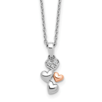 Sterling Silver Rhodium Plated White Ice Dia. Heart Rose-Tone w/2IN Ext Necklace