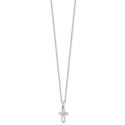 Sterling Silver Rhodium Plated White Ice Diamond Cross w/2IN Ext Necklace