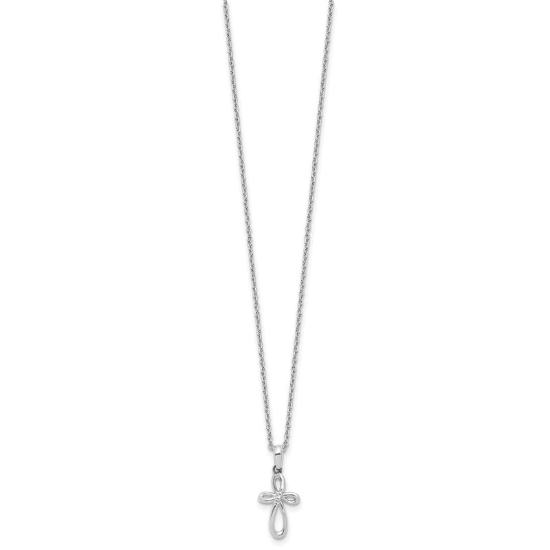 Sterling Silver Rhodium Plated White Ice Diamond Cross w/2IN Ext Necklace