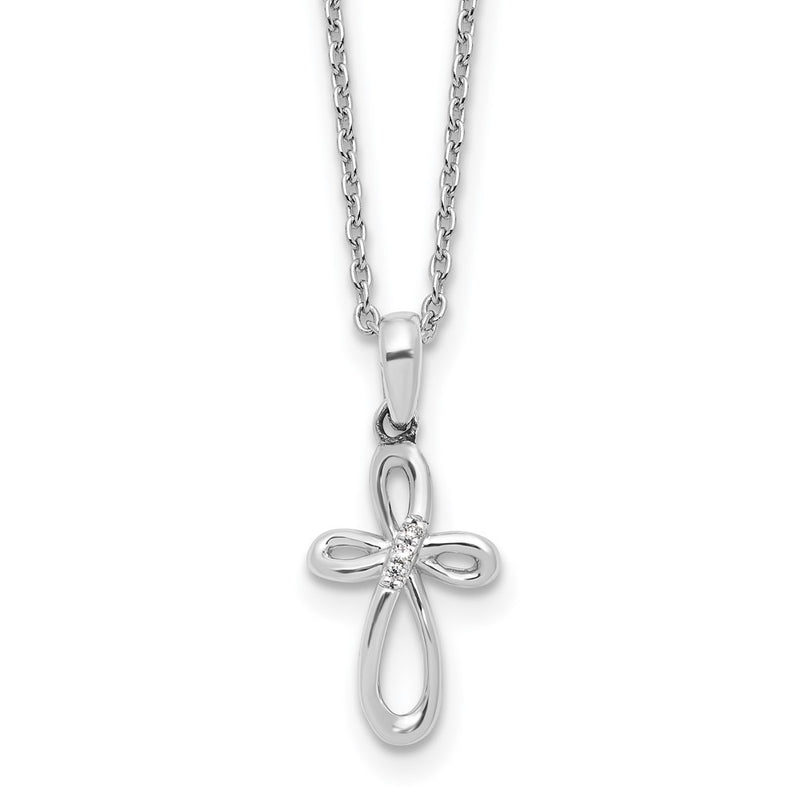 Sterling Silver Rhodium Plated White Ice Diamond Cross w/2IN Ext Necklace