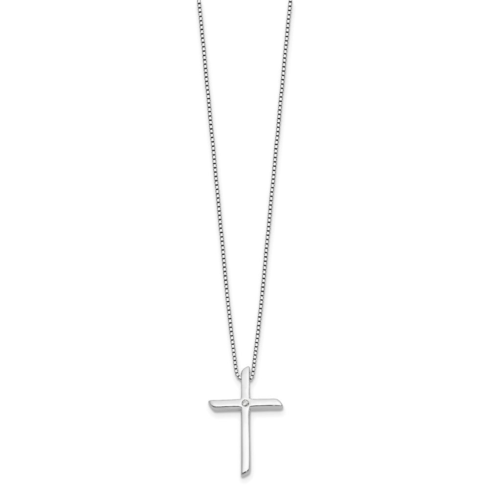 Sterling Silver Rhodium Plated White Ice .03ct. Diamond Cross w/2IN Ext Necklace