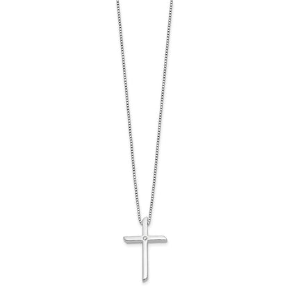 Sterling Silver Rhodium Plated White Ice .03ct. Diamond Cross w/2IN Ext Necklace