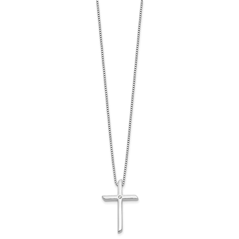 Sterling Silver Rhodium Plated White Ice .03ct. Diamond Cross w/2IN Ext Necklace