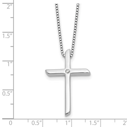 Sterling Silver Rhodium Plated White Ice .03ct. Diamond Cross w/2IN Ext Necklace