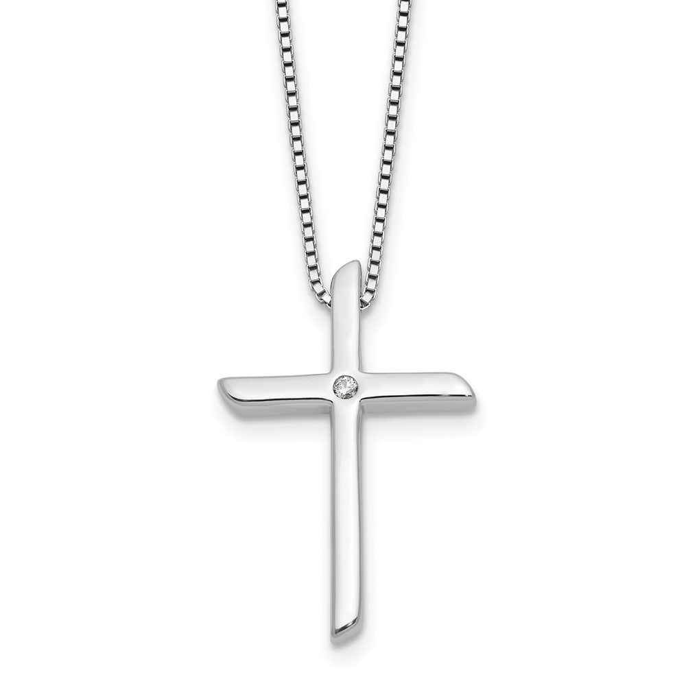Sterling Silver Rhodium Plated White Ice .03ct. Diamond Cross w/2IN Ext Necklace