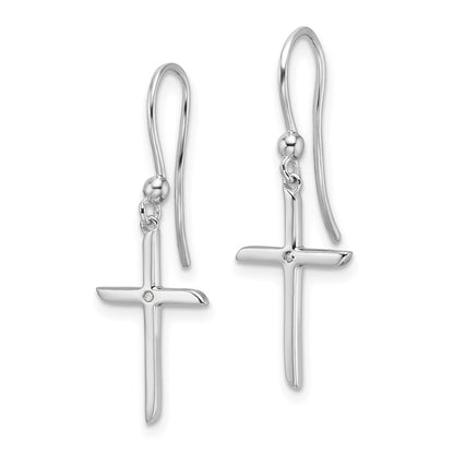 Sterling Silver Rhodium Plated White Ice .01ct. Diamond Cross Dangle Earrings