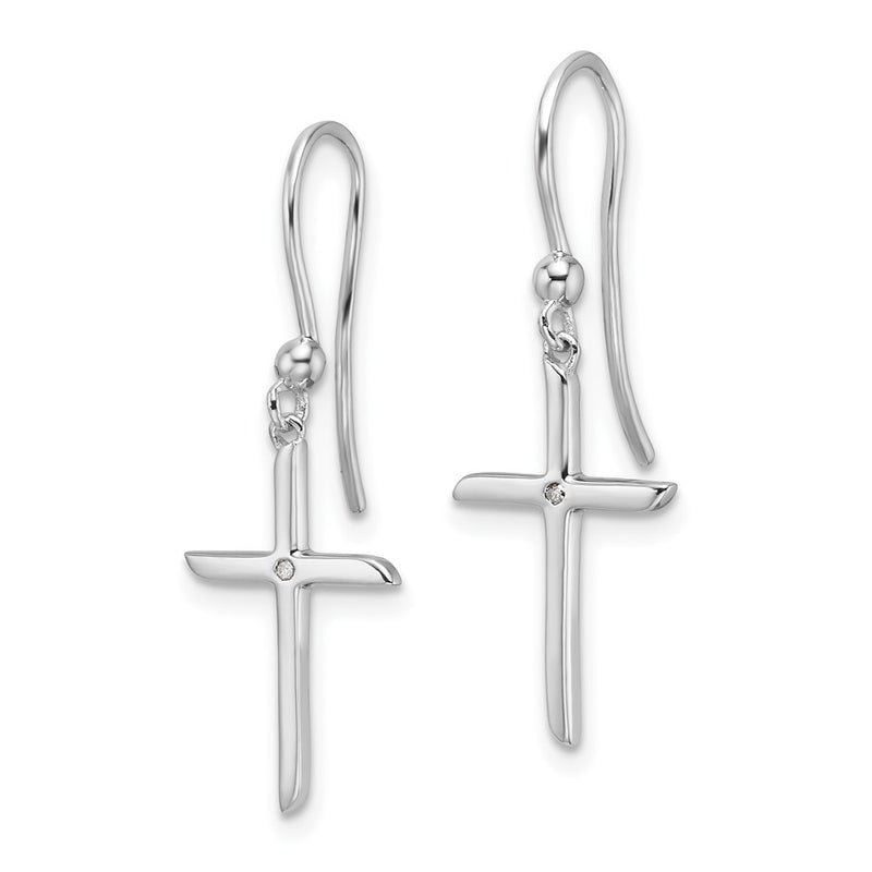 Sterling Silver Rhodium Plated White Ice .01ct. Diamond Cross Dangle Earrings