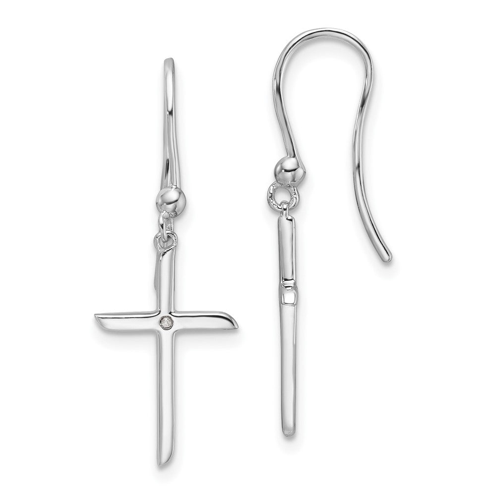 Sterling Silver Rhodium Plated White Ice .01ct. Diamond Cross Dangle Earrings