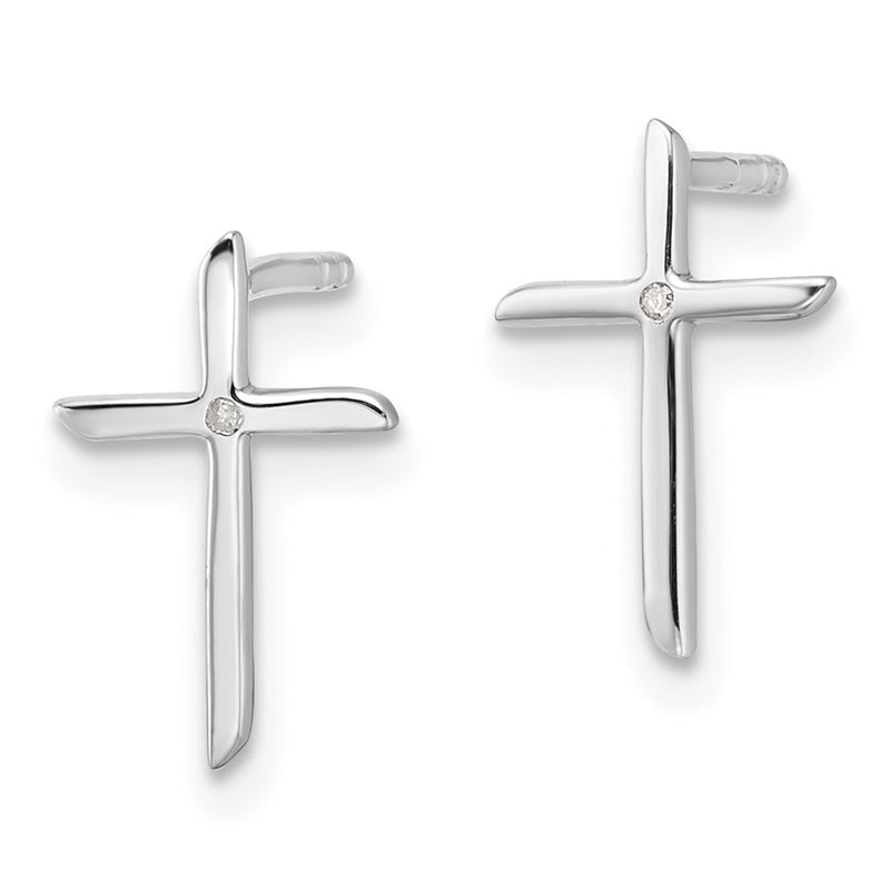 Sterling Silver Rhodium Plated White Ice .01ct. Diamond Cross Post Earrings