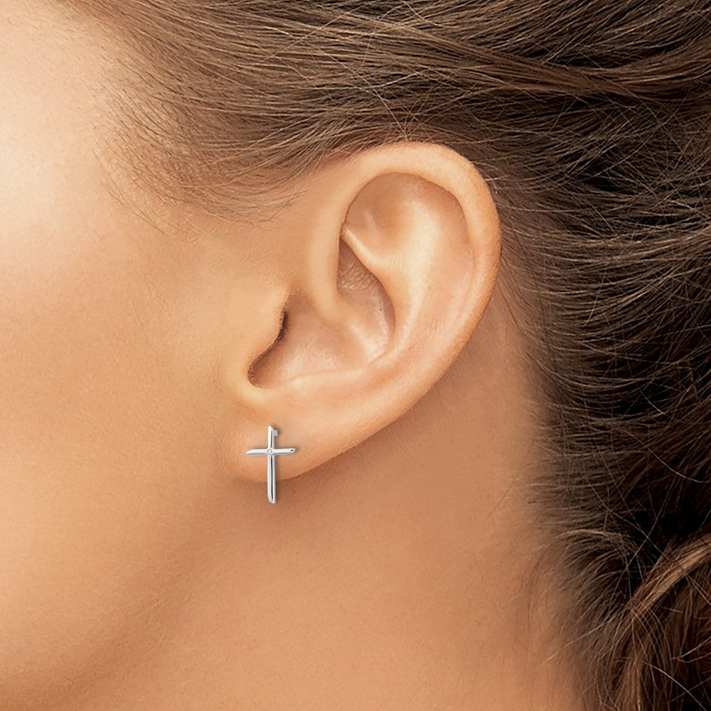 Sterling Silver Rhodium Plated White Ice .01ct. Diamond Cross Post Earrings