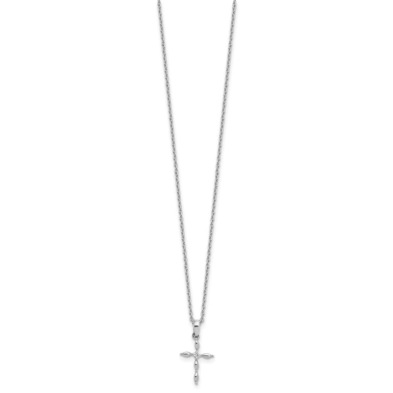 Sterling Silver Rhodium Plated White Ice Diamond Cross w/2IN Ext Necklace