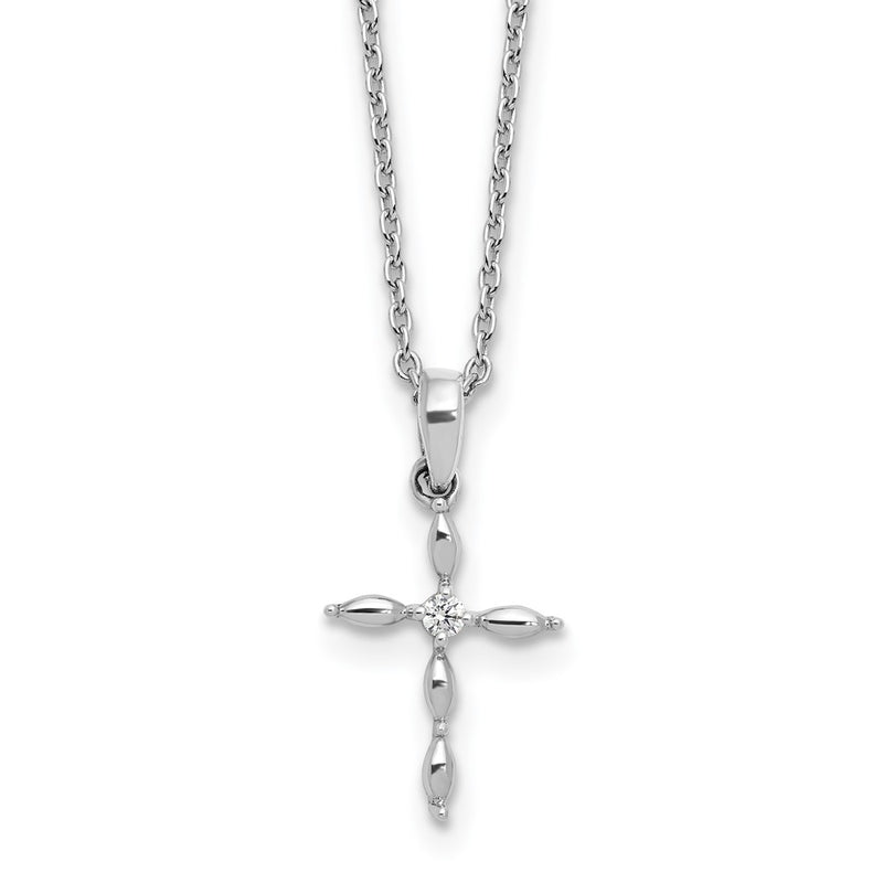 Sterling Silver Rhodium Plated White Ice Diamond Cross w/2IN Ext Necklace