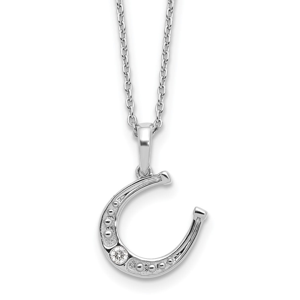 Sterling Silver Rhodium Plated White Ice .03ct. Dia. Horseshoe w/2IN Ext Necklac