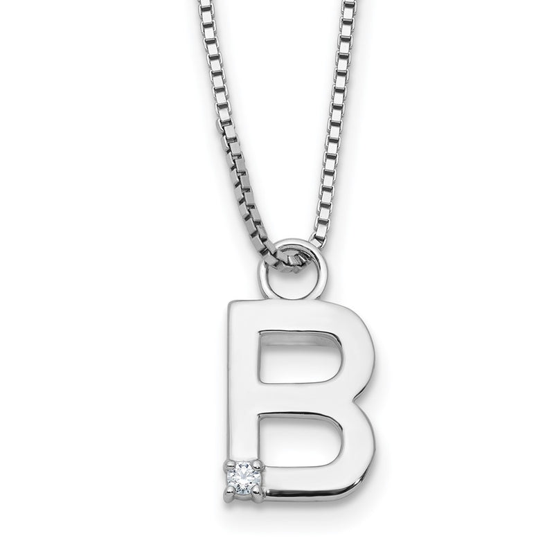 Sterling Silver Rhodium Plated White Ice .03 Diamond Initial B w/2in Ext. Necklace