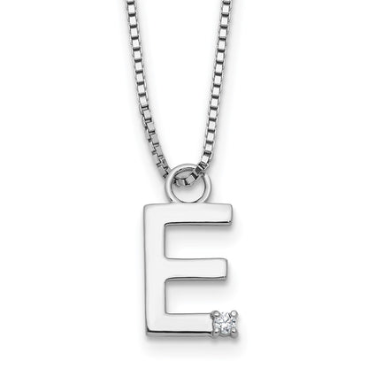 Sterling Silver Rhodium Plated White Ice .03 Diamond Initial E w/2in Ext. Necklace