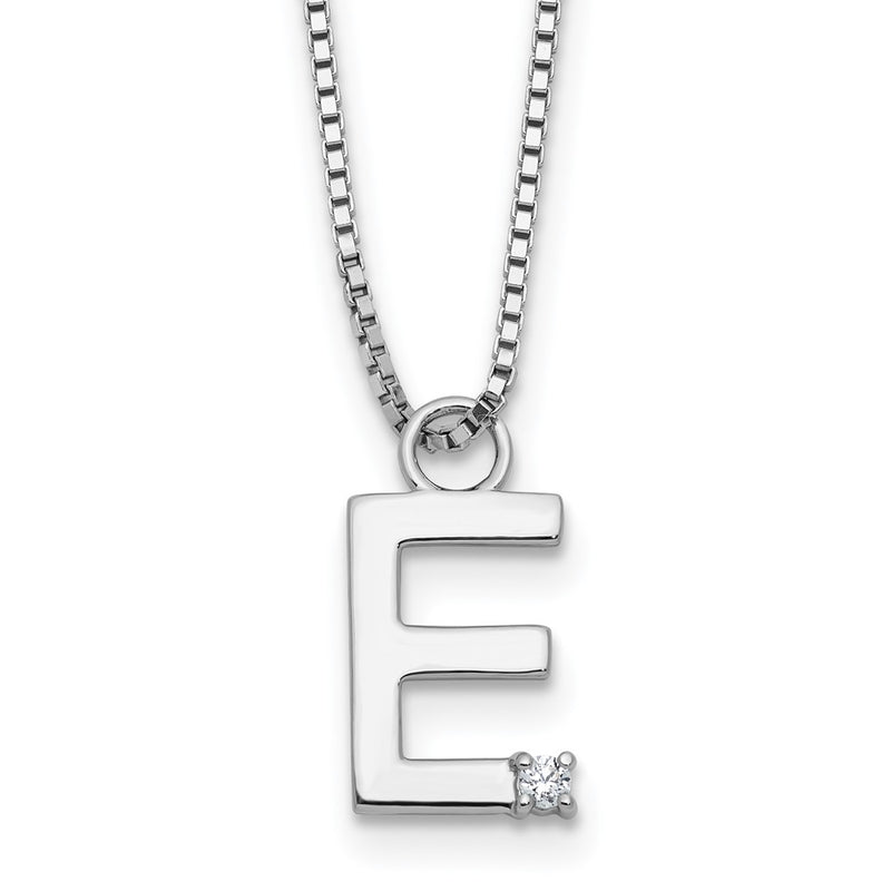 Sterling Silver Rhodium Plated White Ice .03 Diamond Initial E w/2in Ext. Necklace