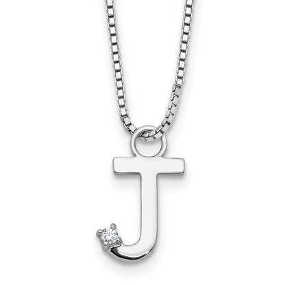 Sterling Silver Rhodium Plated White Ice .03 Diamond Initial J w/2in Ext. Necklace