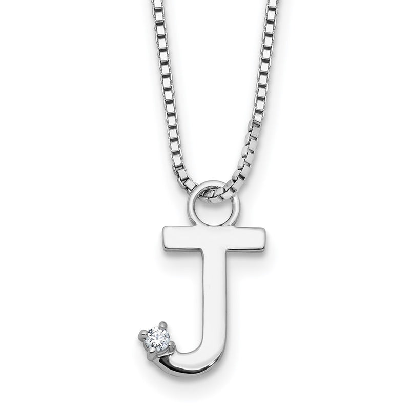 Sterling Silver Rhodium Plated White Ice .03 Diamond Initial J w/2in Ext. Necklace