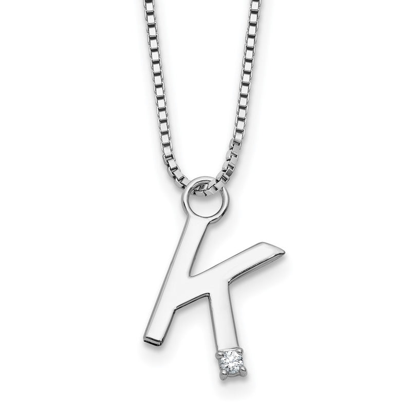 Sterling Silver Rhodium Plated White Ice .03 Diamond Initial K w/2in Ext. Necklace