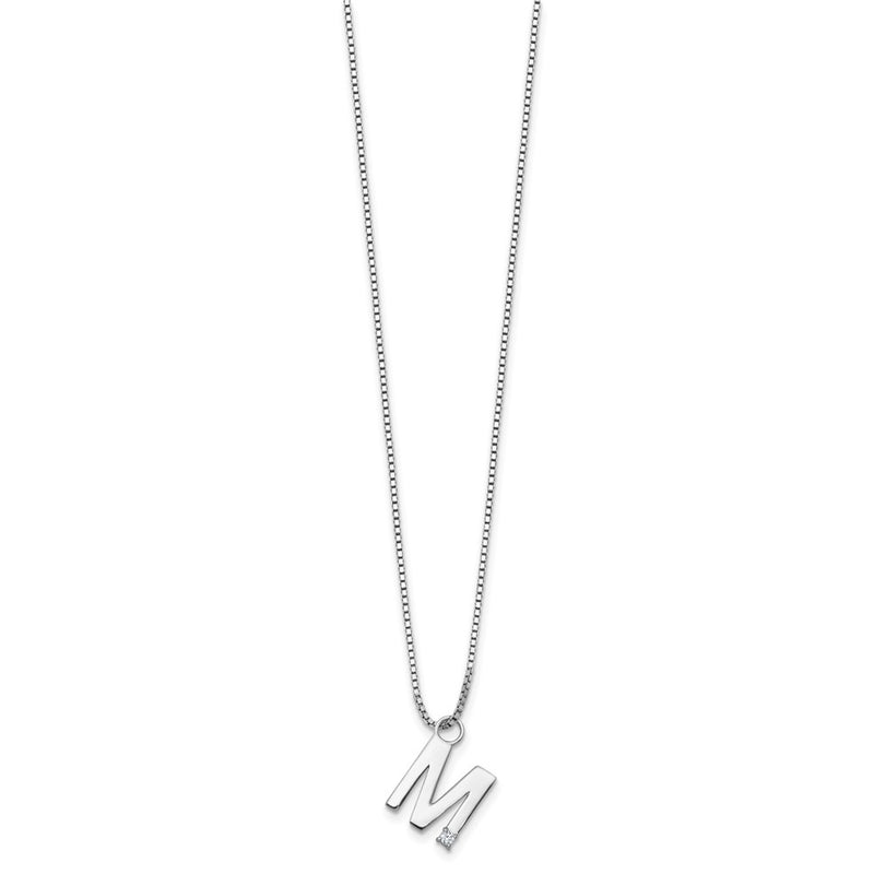 Sterling Silver Rhodium Plated White Ice .03 Diamond Initial M w/2in Ext. Necklace