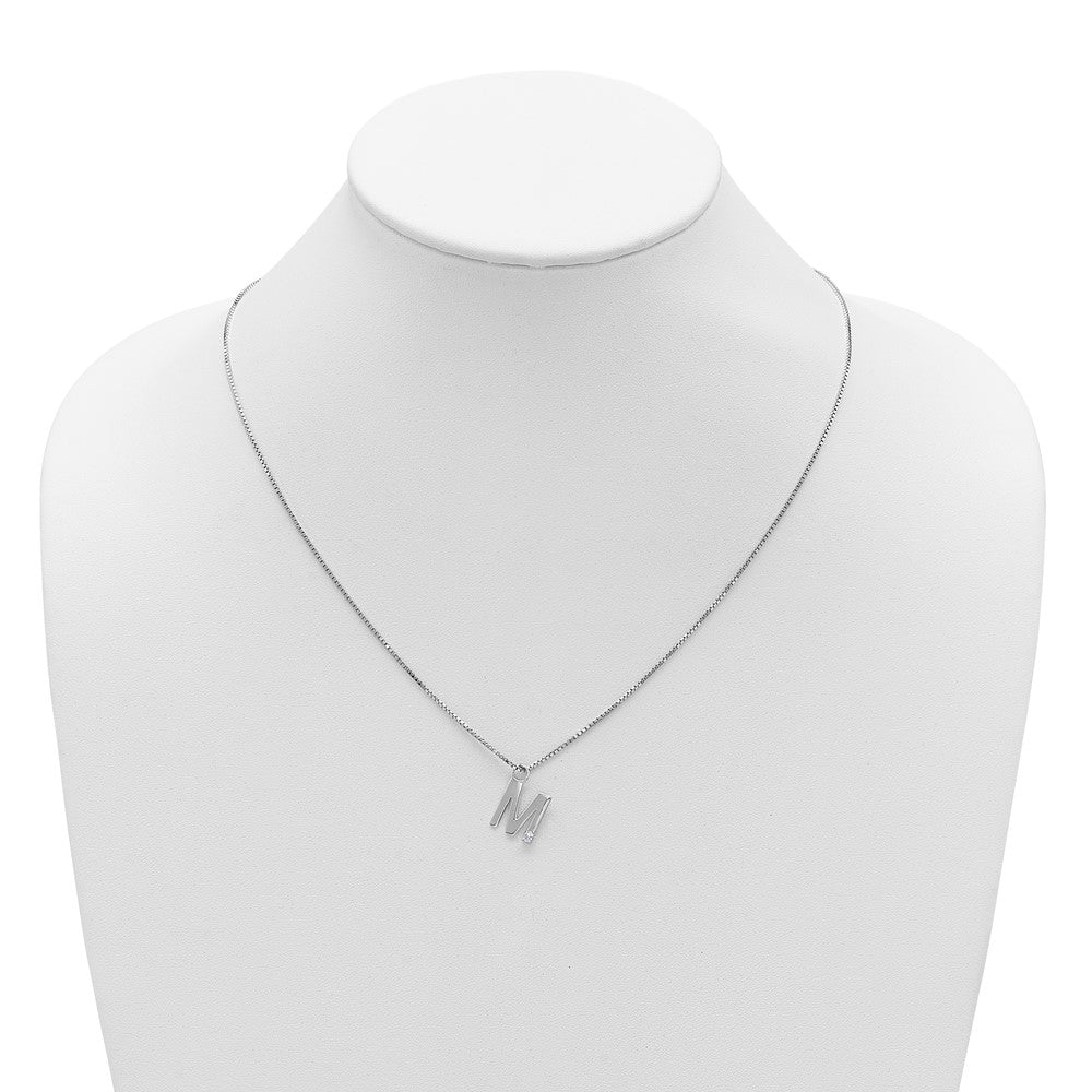 Sterling Silver Rhodium Plated White Ice .03 Diamond Initial M w/2in Ext. Necklace