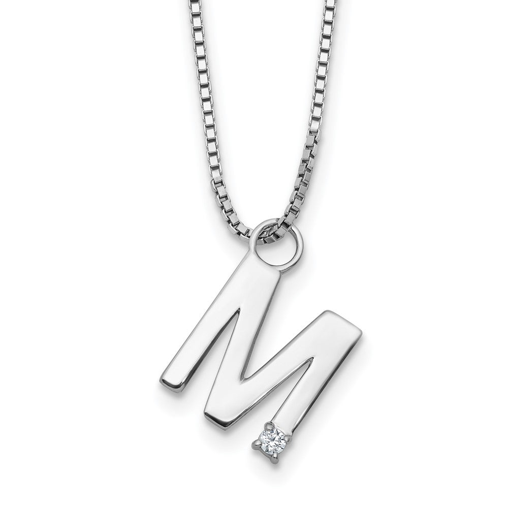 Sterling Silver Rhodium Plated White Ice .03 Diamond Initial M w/2in Ext. Necklace