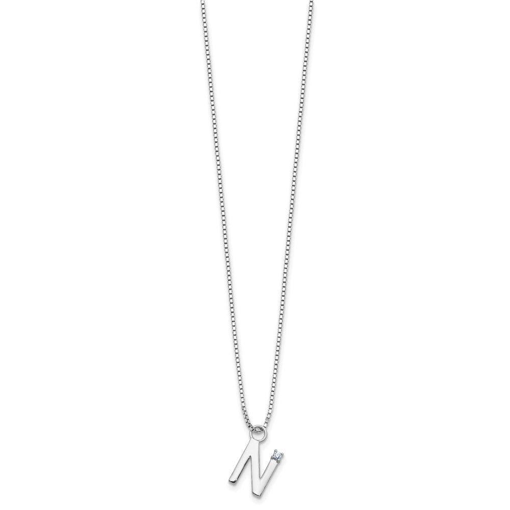 Sterling Silver Rhodium Plated White Ice .03 Diamond Initial N w/2in Ext. Necklace