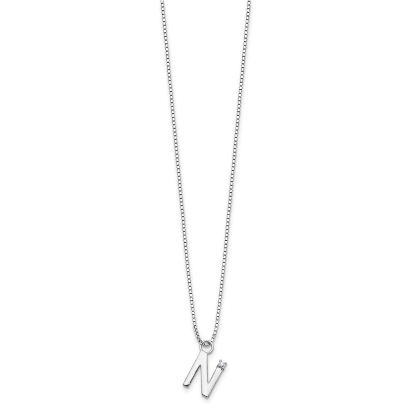 Sterling Silver Rhodium Plated White Ice .03 Diamond Initial N w/2in Ext. Necklace
