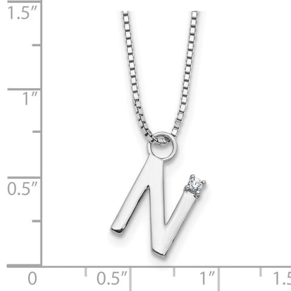 Sterling Silver Rhodium Plated White Ice .03 Diamond Initial N w/2in Ext. Necklace