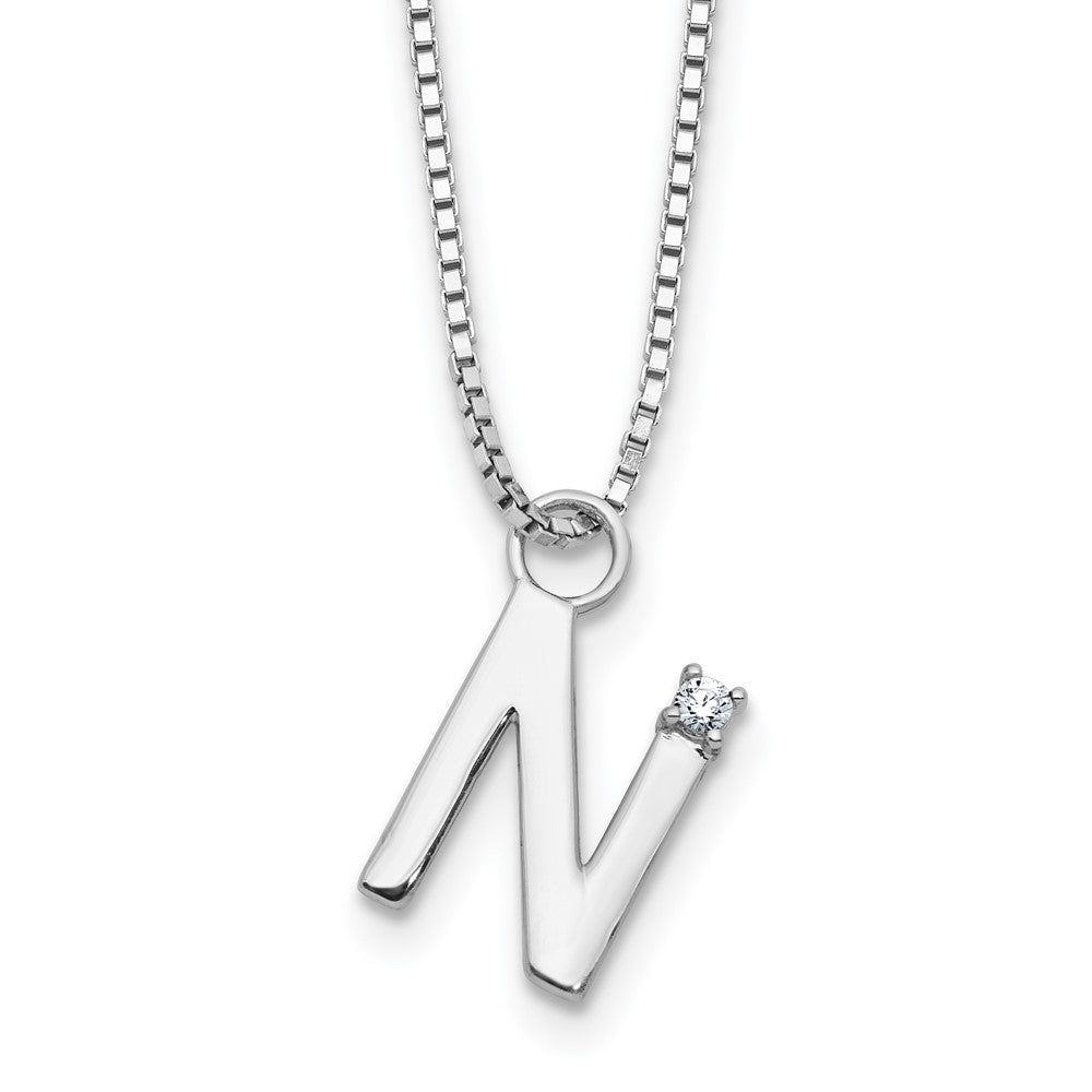 Sterling Silver Rhodium Plated White Ice .03 Diamond Initial N w/2in Ext. Necklace