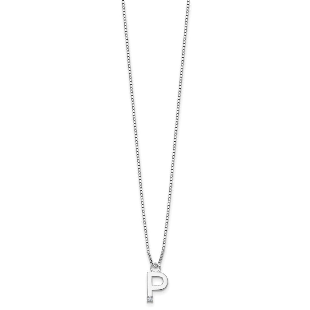Sterling Silver Rhodium Plated White Ice .03 Diamond Initial P w/2in Ext. Necklace