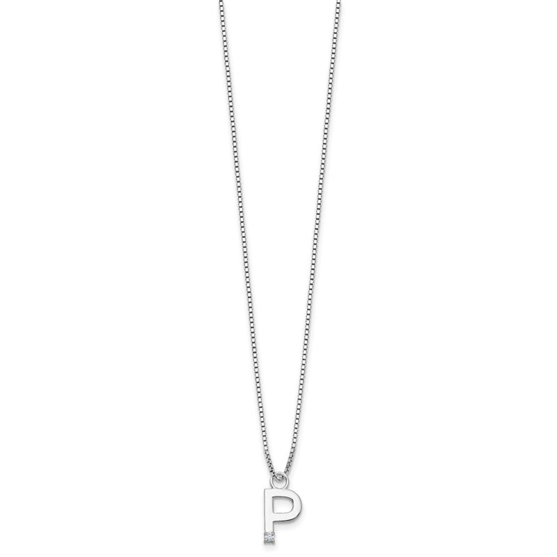 Sterling Silver Rhodium Plated White Ice .03 Diamond Initial P w/2in Ext. Necklace