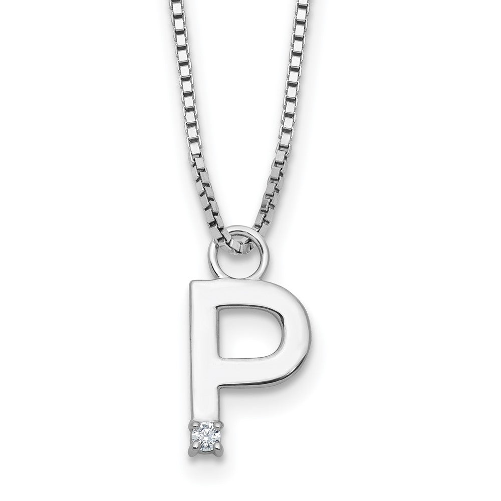 Sterling Silver Rhodium Plated White Ice .03 Diamond Initial P w/2in Ext. Necklace