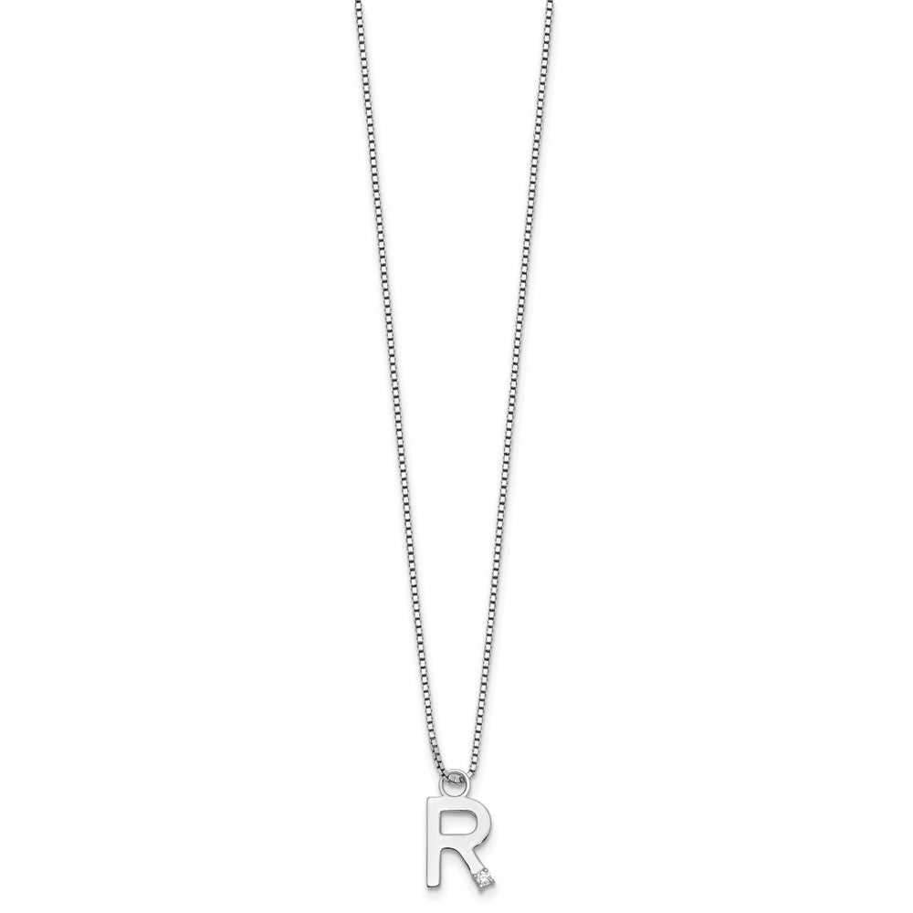 Sterling Silver Rhodium Plated White Ice .03 Diamond Initial R w/2in Ext. Necklace