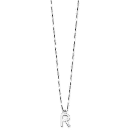 Sterling Silver Rhodium Plated White Ice .03 Diamond Initial R w/2in Ext. Necklace